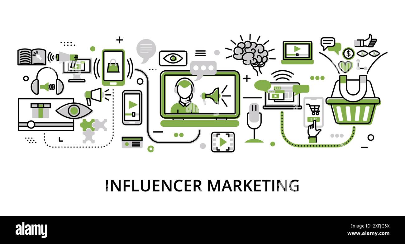 Infographic greenery Influencer Marketing concept, modern flat thin line vector illustration, for graphic and web design Stock Vector