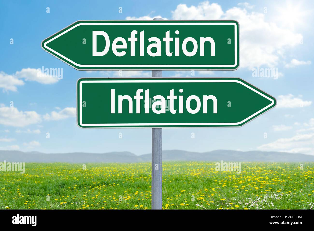 Two direction signs - Deflation or Inflation Stock Photo - Alamy