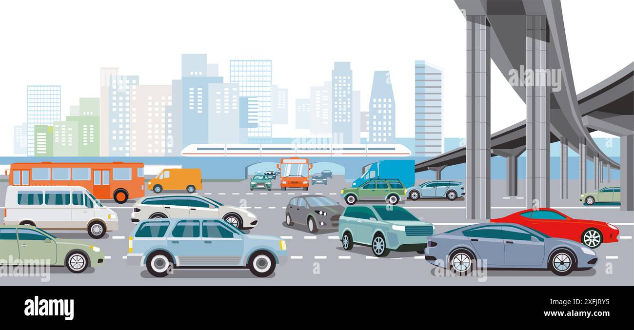 Passenger cars and trucks on the highway with Express train ...