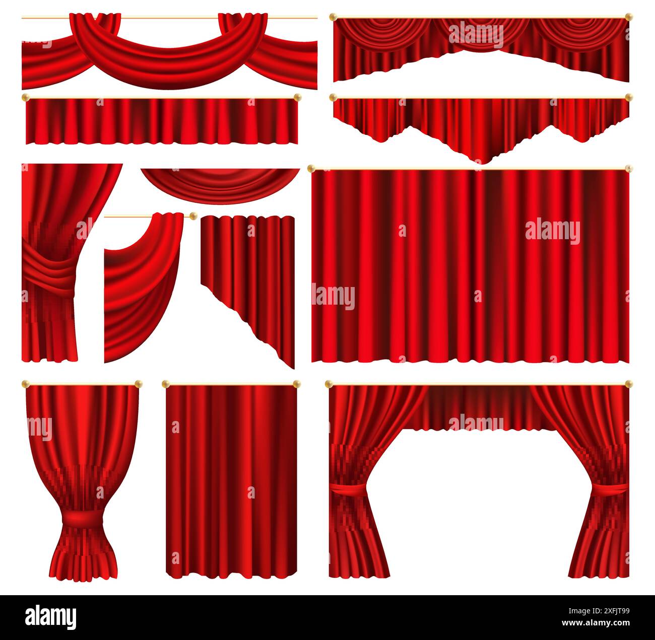 Set of red luxury curtains and draperies on white background, realistic vector illustration close-up Stock Vector