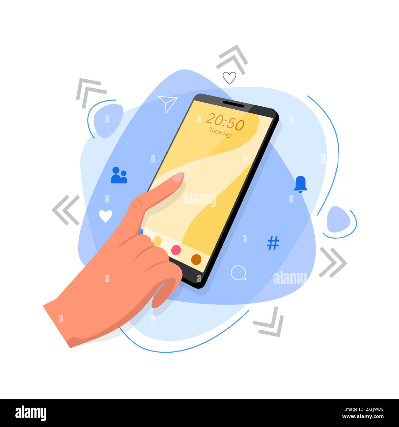 Hand using smart phone, social media concept, flat design vector illustration close-up Stock Vector