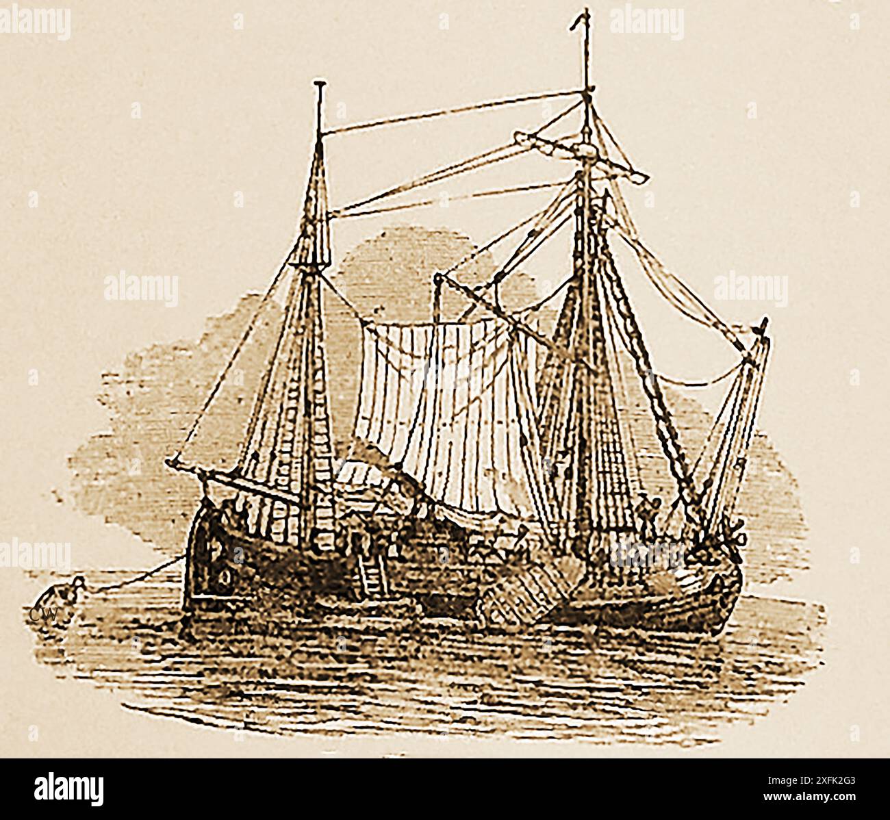 A 19th century illustration showing a Dutch cargo vessel known as a Galliot.  -  Een 19e-eeuwse illustratie van een Nederlands vrachtschip dat bekend staat als een Galliot.  - Stock Photo