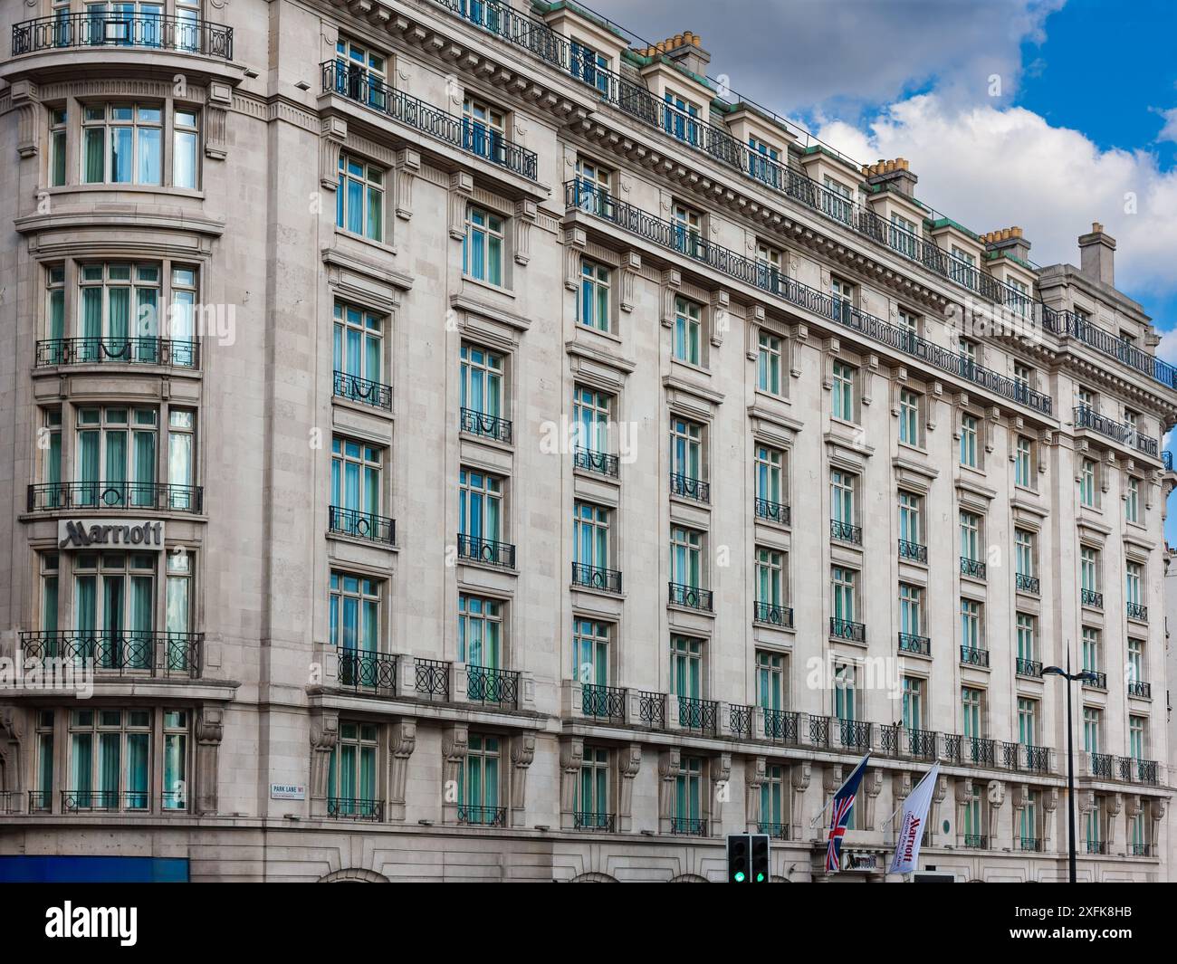 London, United Kingdom - July 5, 2010   : London Marriott Hotel Park Lane. Exterior of luxury boutique hotel in Mayfair, an affluent district. Stock Photo