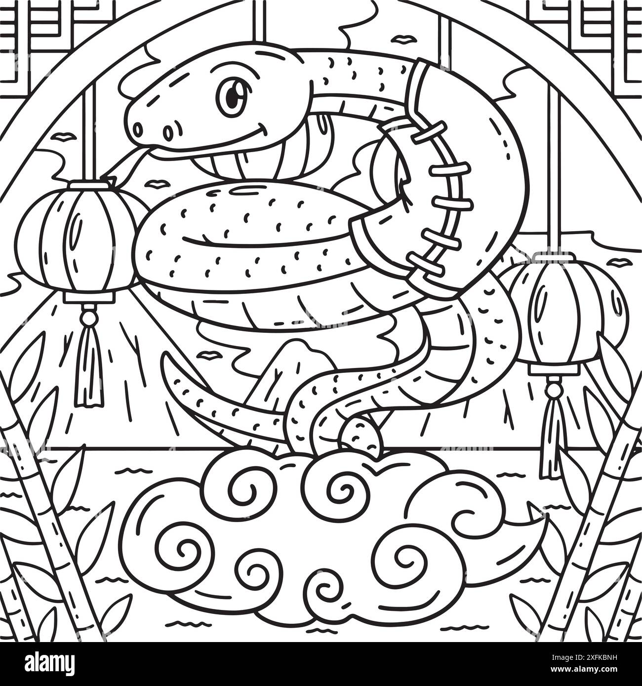 Year of the Snake on Clouds Coloring Page for Kids Stock Vector Image ...