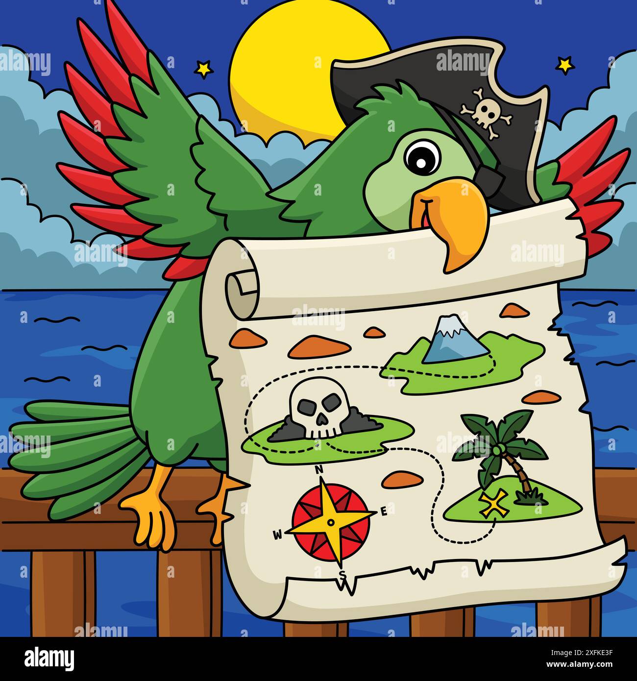 Pirate Parrot with a Treasure Map Colored Cartoon Stock Vector Image ...