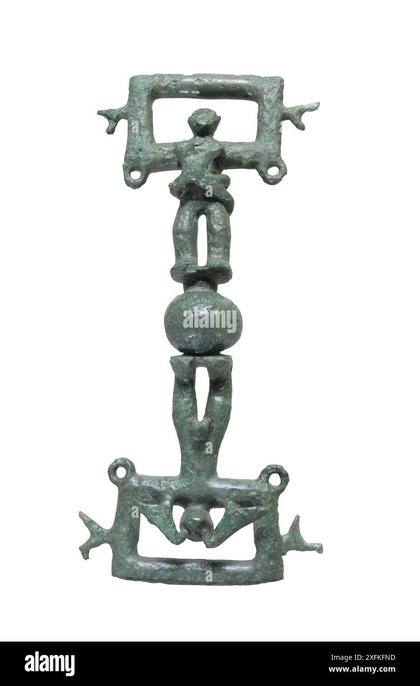 Bronze horse trapping from a female burial, with breastfeeding woman, early 8th century BC Stock