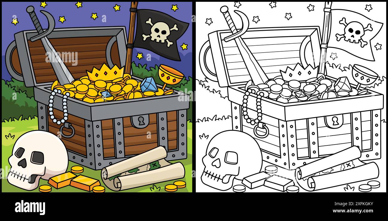 Pirate Treasure Coloring Page Colored Illustration Stock Vector Image ...