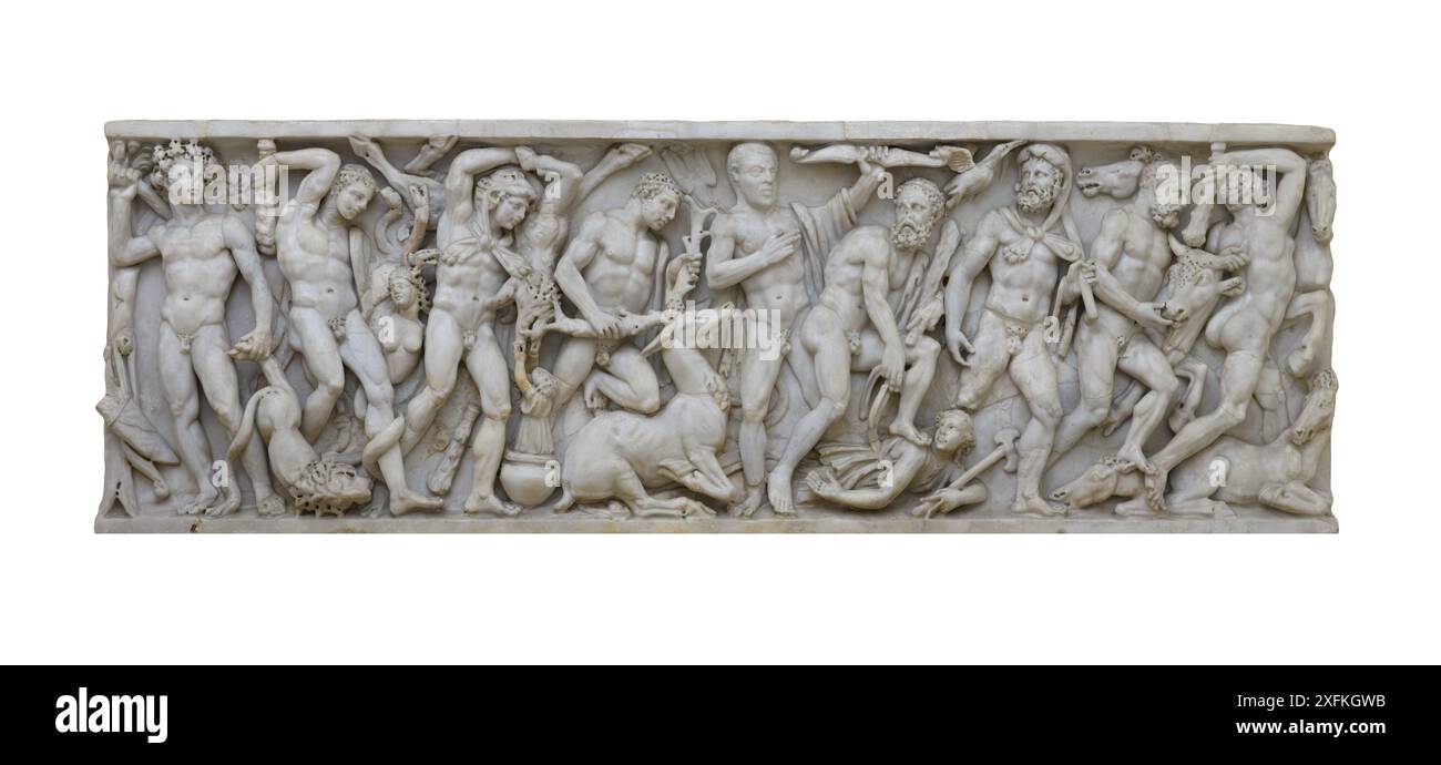 Front panel from a sarcophagus with the Labours of Heracles. Rome Stock Photo