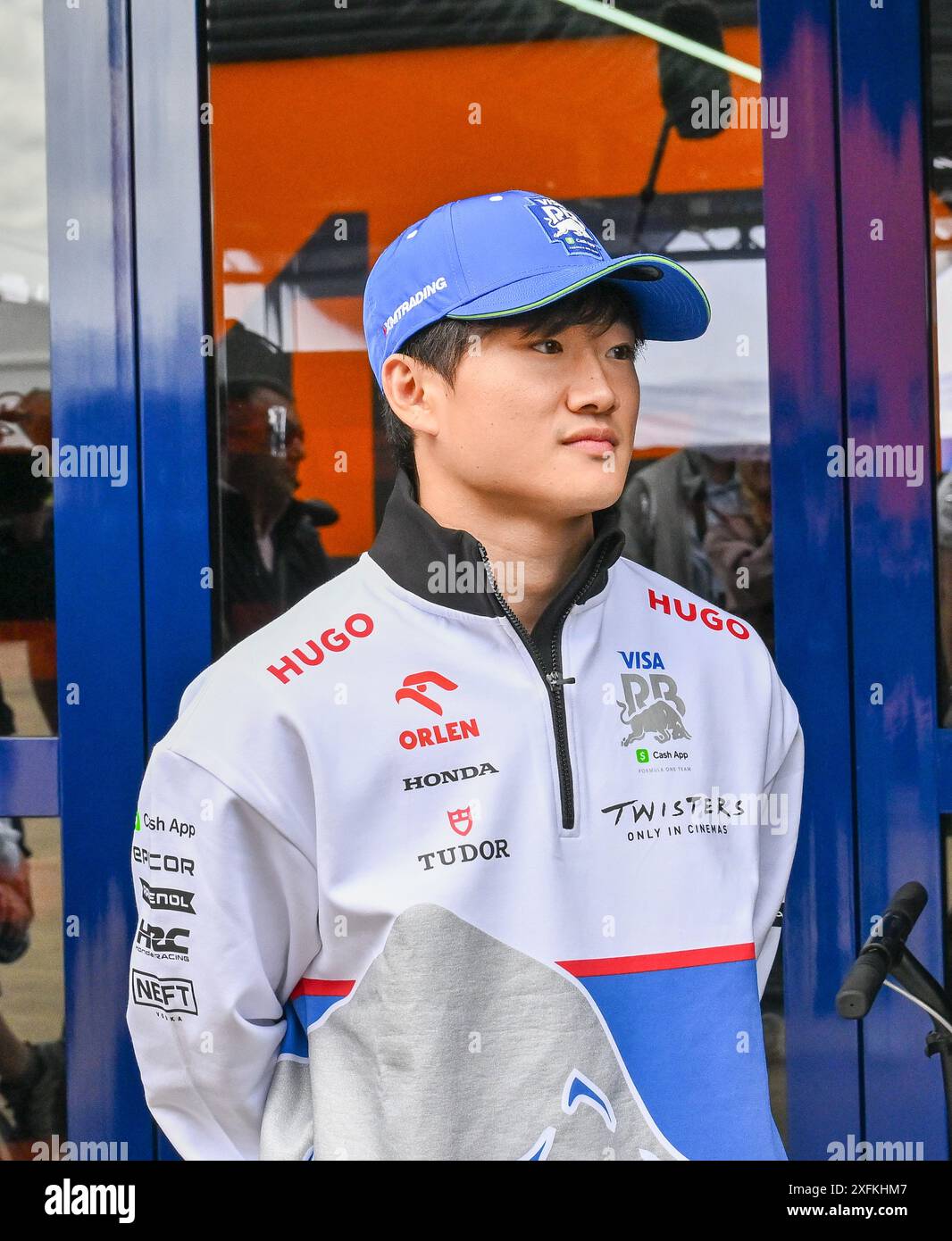Towcester, UK, 04 July 2024. Yuki Tsunoda arrives into the Paddock