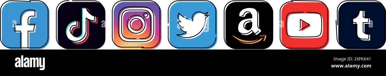 October 06, 2020: Set of popular Social Media and Mobile Apps icons in hand drawn line design: Facebook, Twitter, Tumblr, Instagram, TikTok, Amazon an Stock Vector