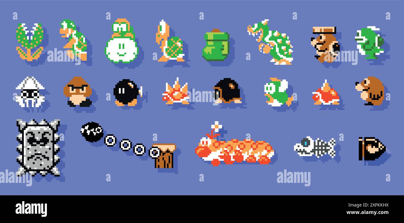 October 29, 2020: Set of enemies characters from Super Mario Bros classic video game, pixel design vector illustration. Super Mario Bros is a platform Stock Vector