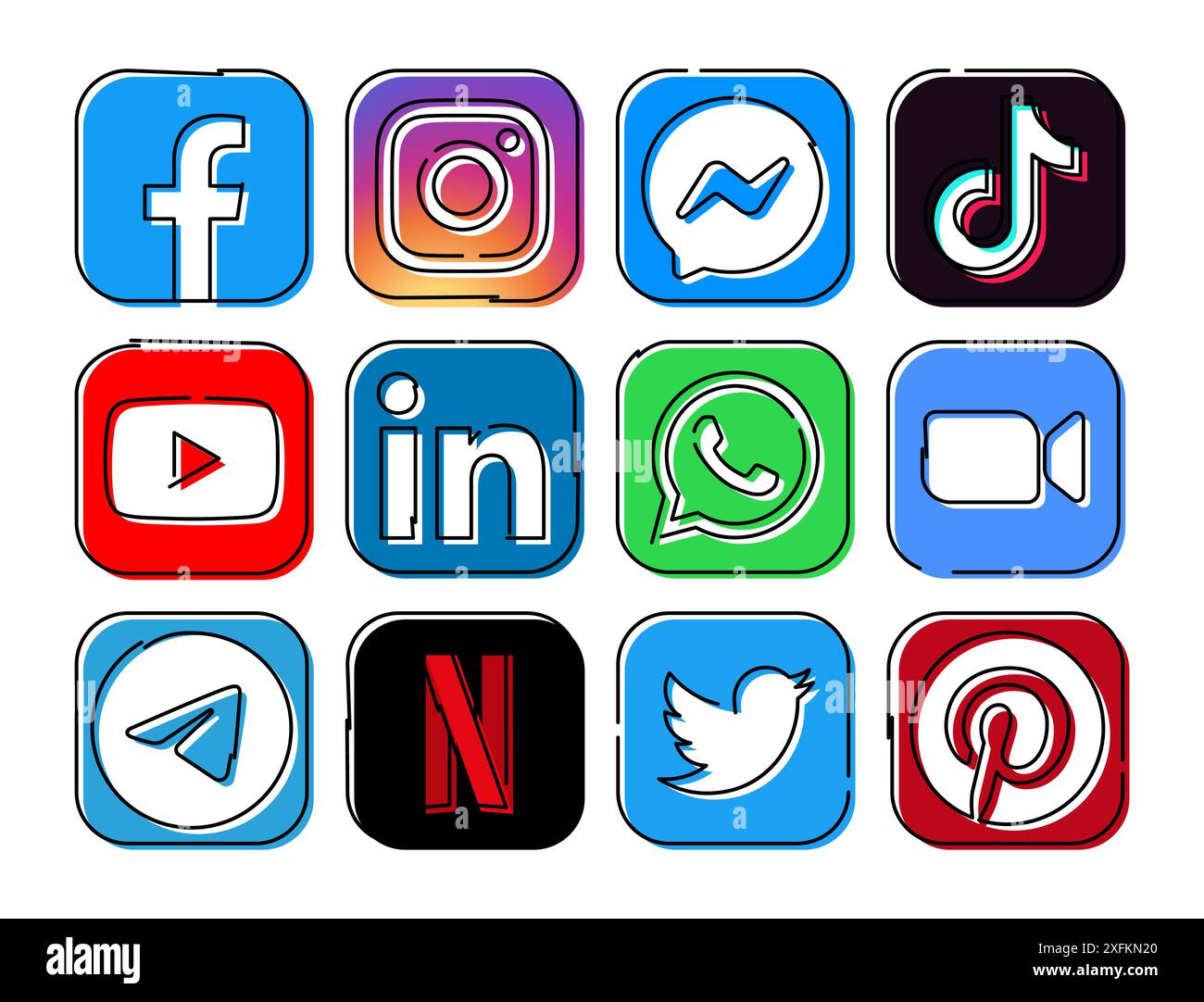 Kiev, Ukraine - September 28, 2022: Set of popular social media and mobile apps icons in hand drawn line design: Facebook, Instagram, Messenger, Tikto Stock Vector