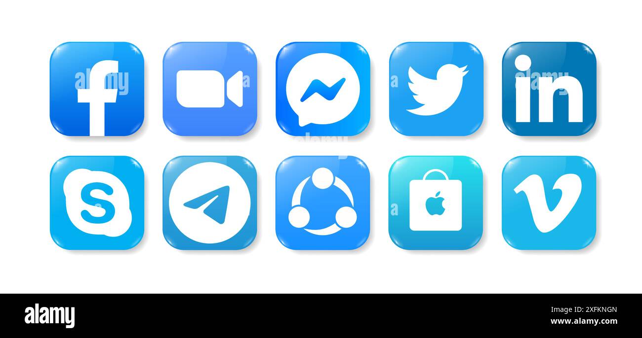 Kiev, Ukraine - September 28, 2022: Set of popular Social Media and Mobile Apps icons in realistic volume design: Facebook, Zoom, Messenger, Twitter a Stock Vector