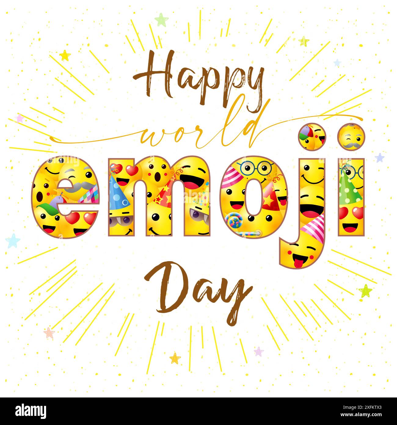 Happy World Emoji Day social media banner. Greeting card design with isolated 3 D emoticons and clipping mask. Holiday backdrop. Blogging timeline sto Stock Vector