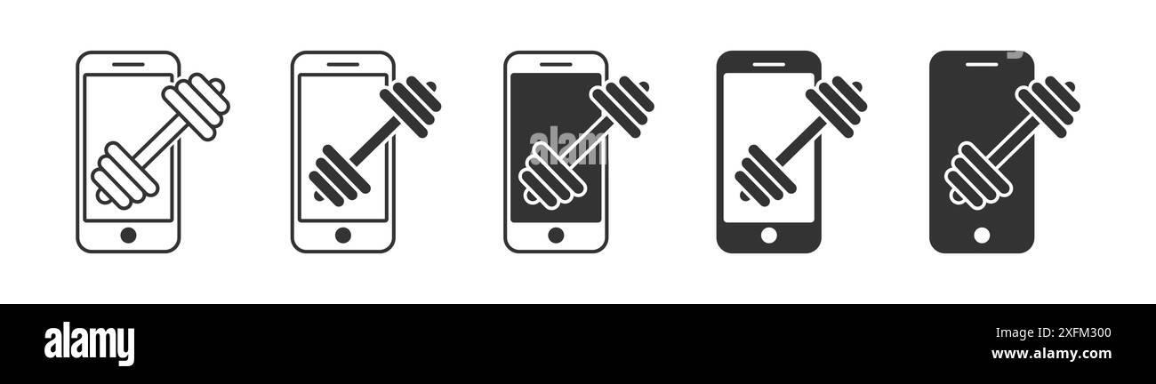 Phone with dumbbell. Online fitness glyph icon. Flat vector ...