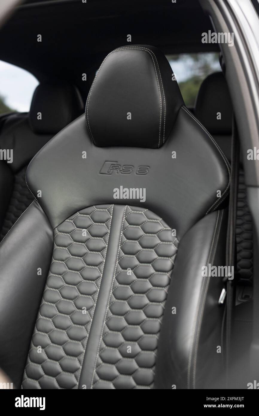 Audi RS6 Avant black leather seat, view from driver's side- High Resolution Image Stock Photo