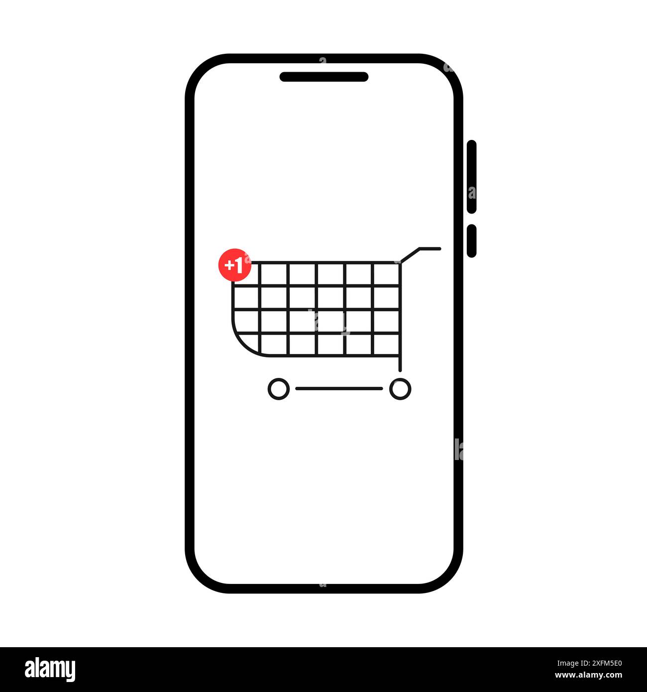 A black and white illustration of a smartphone displaying a shopping cart icon with a red notification bubble indicating a plus one. The smartphone is Stock Vector
