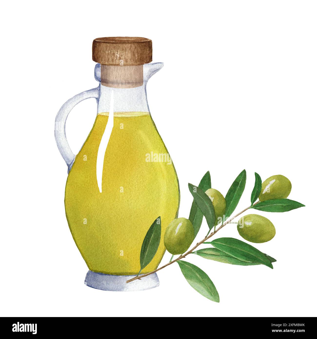Composition of glass jug with oil and olive branch with green olives ...