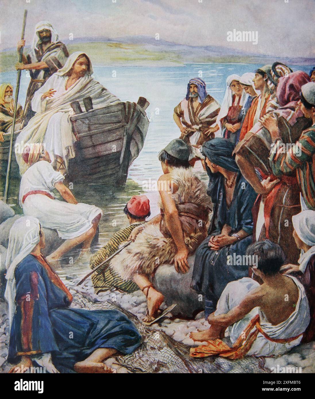 Illustration of Jesus Christ Preaching the Parables from a Boat (Matthew) By Harold Copping From an Antique Book of Christ Our Lord Stock Photo