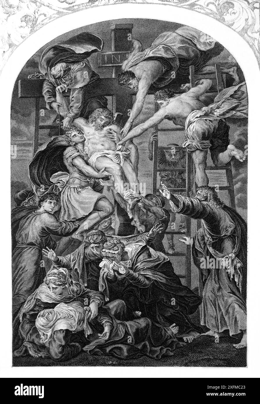 Engraving of The Descent from the Cross (Gospels) - Raphael New Testament from Antique 19th Century Imperial Illustrated Bible Stock Photo