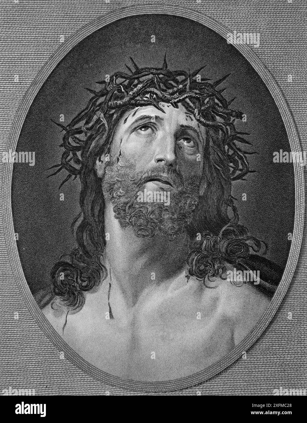 Portrait of Jesus Christ Wearing the Crown of Thorns from Antique 19th Century The Imperial Illustrated Bible Stock Photo