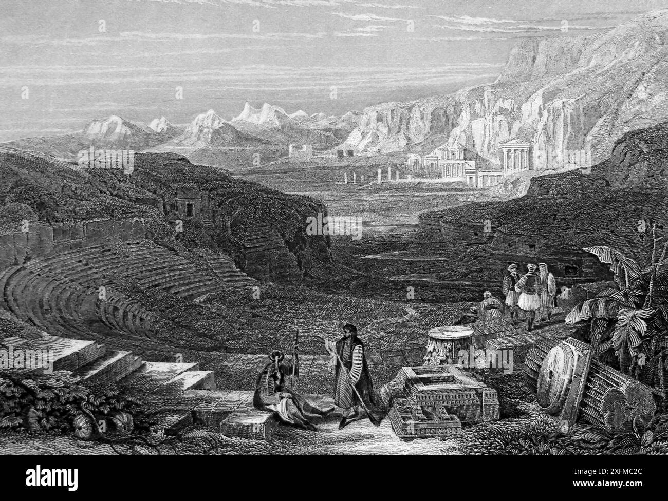 Engraving of Petra showing Amphitheatre and Nabatean tombs in the Distance from 19th Century The Imperial Illustrated Bible Stock Photo