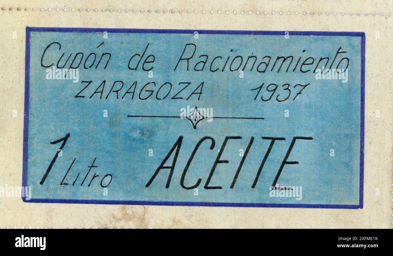 España. Guerra civil (1936-1939). Cupón de racionamiento por valor de un litro de aceite, expedido por el Partido Comunista de España (PCE), Zaragoza, año 1937. Stock Photo