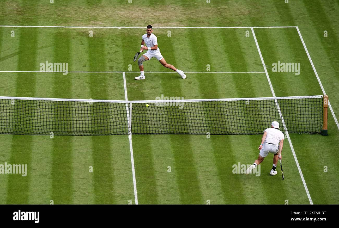 Jacob Fearnley in action against Novak Djokovic (top) on day four of