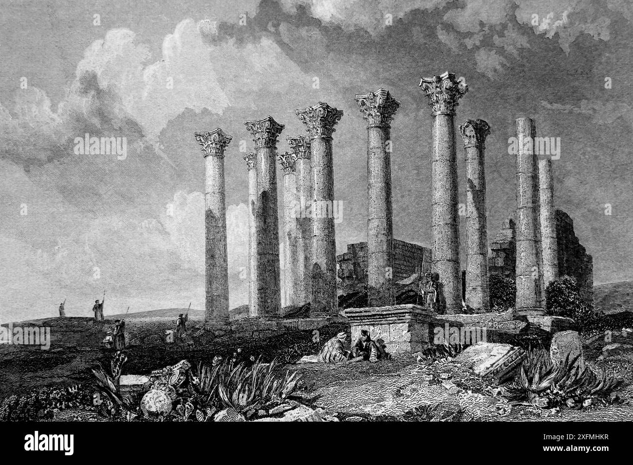 Engraving of the Ruins of Djerash (The Ancient Gergesha) from Antique  19th Century The Imperial Illustrated Bible  Drawn by J.D Harding from sketch by Las. Cases Stock Photo