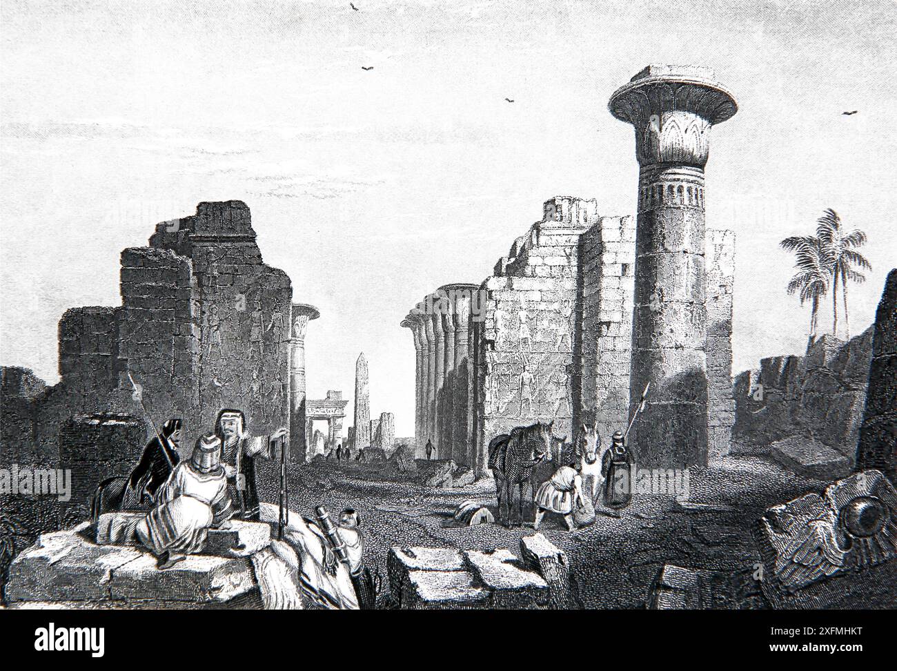 Engraving of People Resting on Ruins at No (No-Amon) Biblical City Capital of Ancient Egypt The Portico of the Temple of Karnak drawn by C.Stanfield Stock Photo