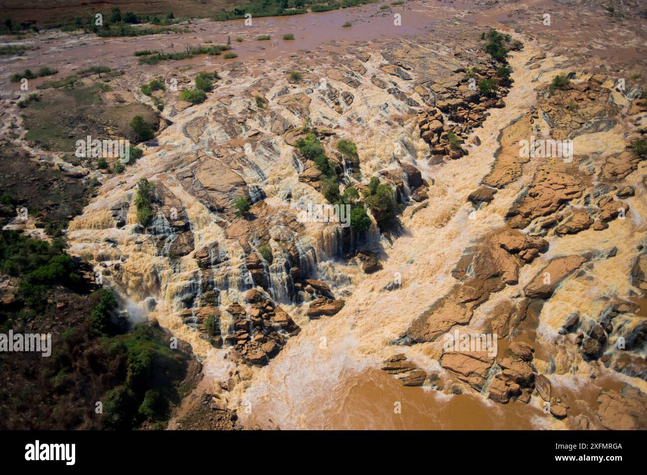 Aerial view of floods eroding the deforested landscape, central Madagascar, October 2008. Stock Photo