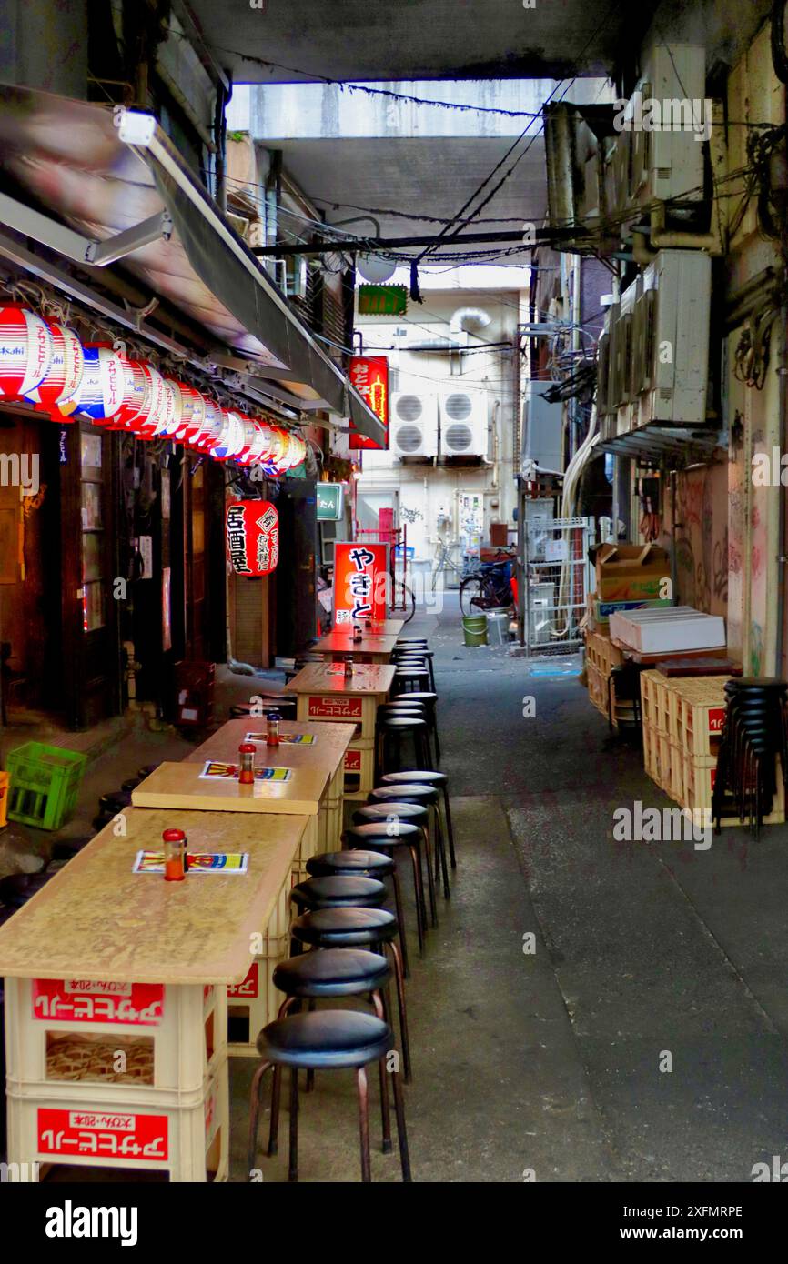 small narrow street in Ameyayokocho street under the subway railway (Tokyo, Japan) Stock Photo