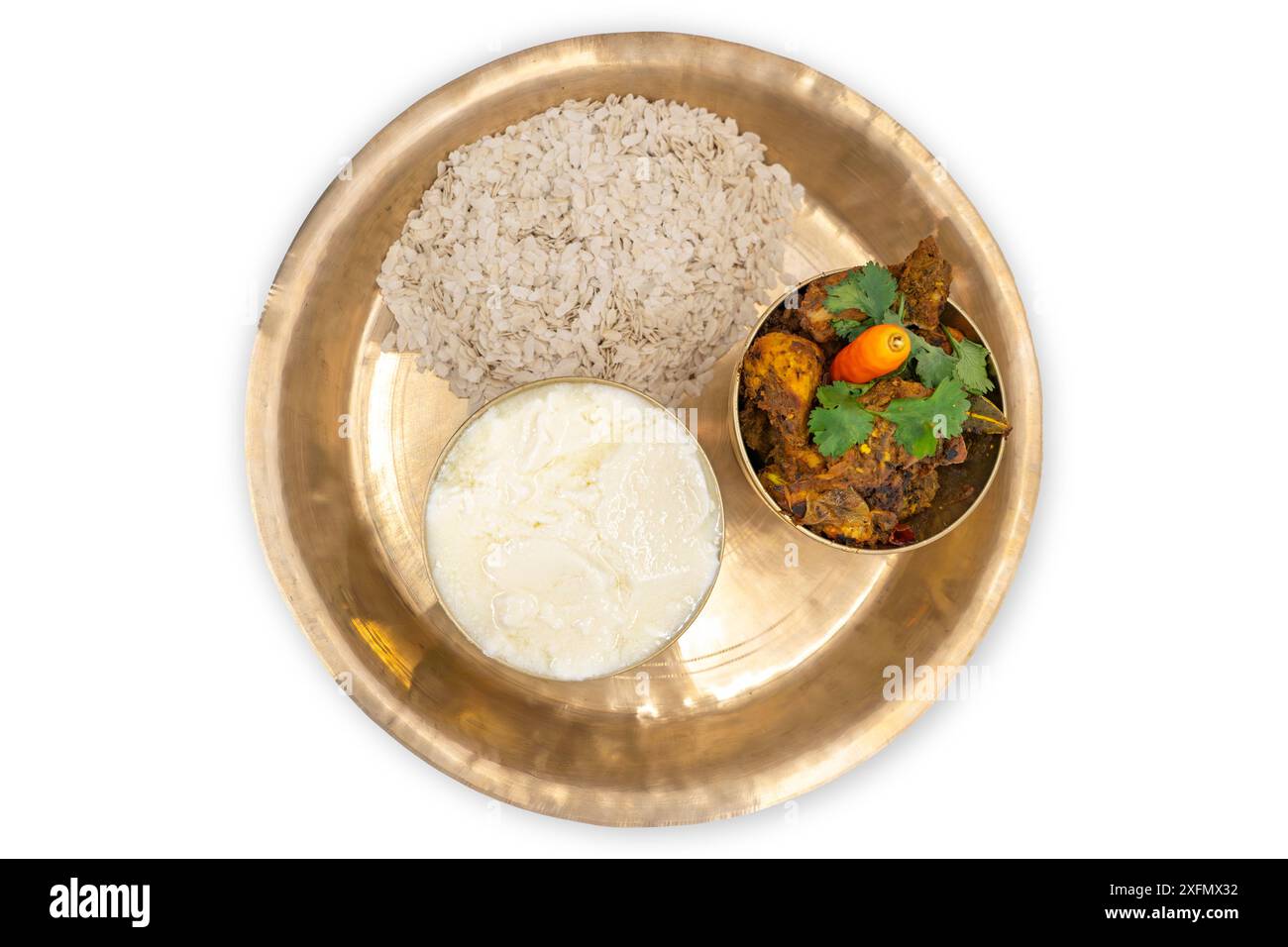 Dashain Festival Feast Masu Chiura Nepal Meat, Rice Flakes, Curd served for lunch . Delicious Nepali Cuisine Stock Photo