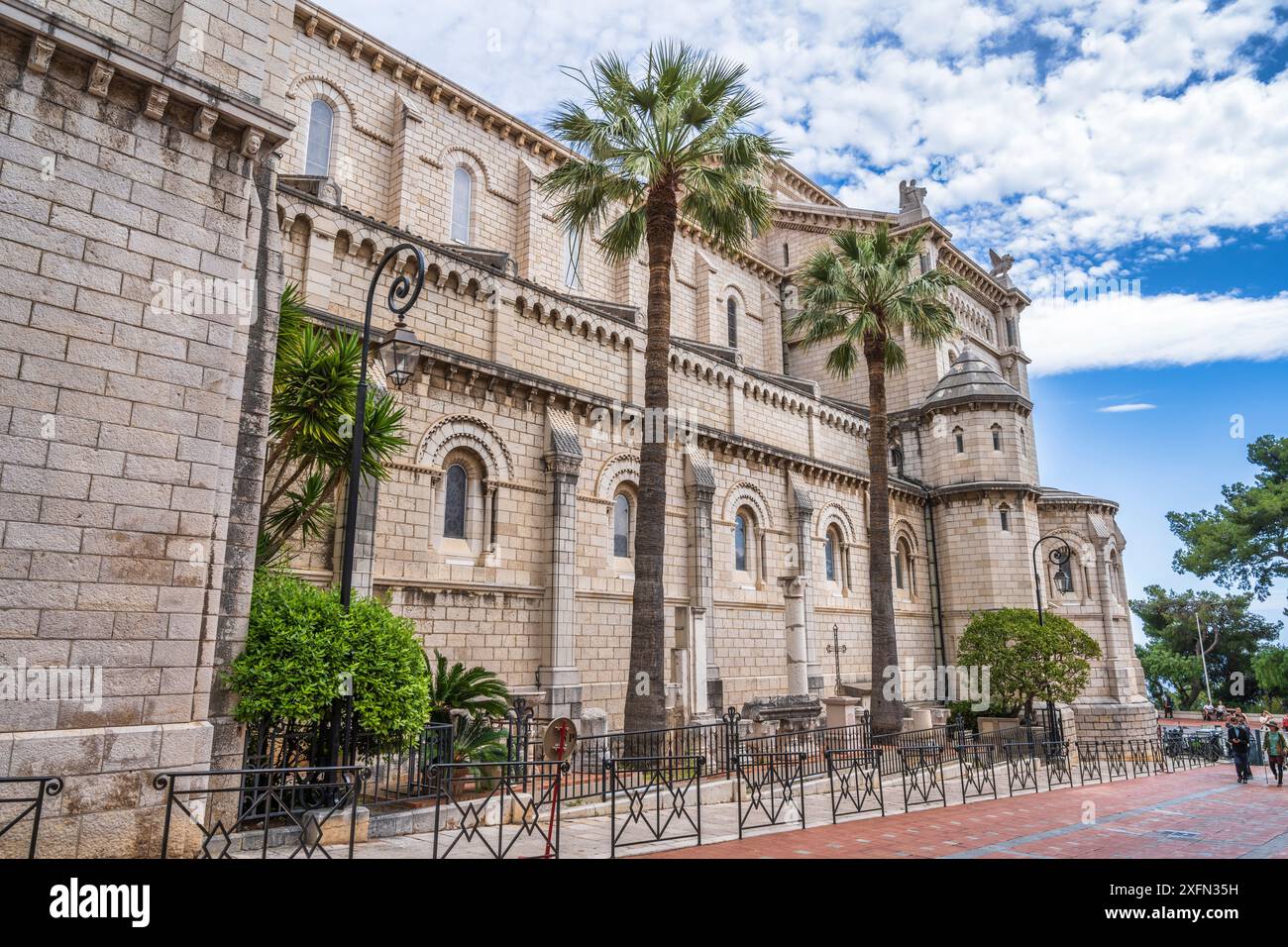 Cathédrale de Monaco viewed from Rue de l'Eglise, Monaco-Ville, Le Rocher (The Rock) in Monaco on the French Riviera, Côte d'Azur Stock Photo