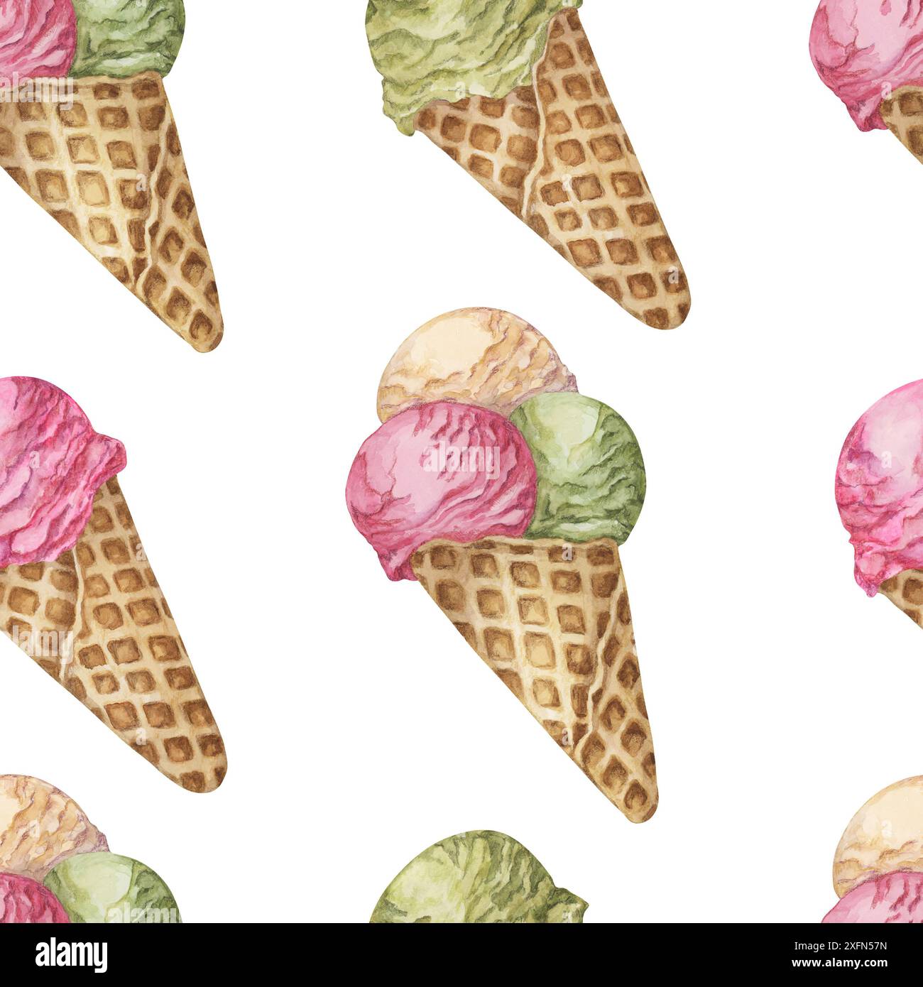 Ice cream scoops in the waffle cone seamless pattern. Vanilla, berry ...