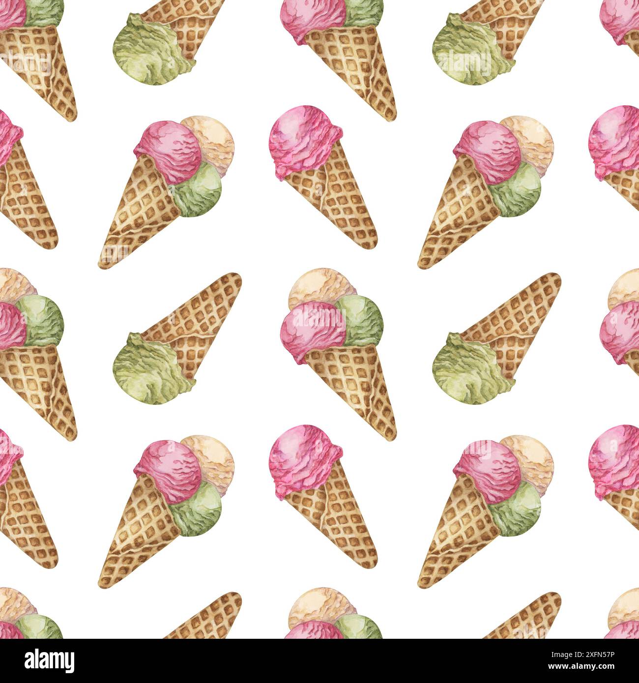 Ice cream scoops in the waffle cone seamless pattern. Three flavors ...