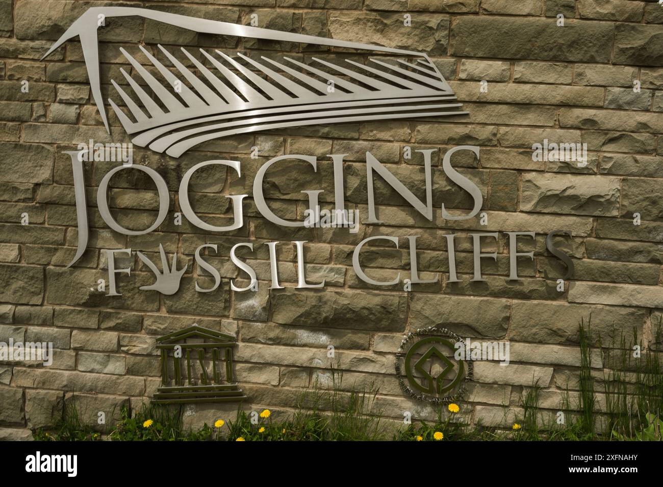 Sign on the Joggins Fossil Cliffs centre, UNESCO World Heritage Site, Bay of Fundy, Nova Scotia, Canada. May 2017 Stock Photo