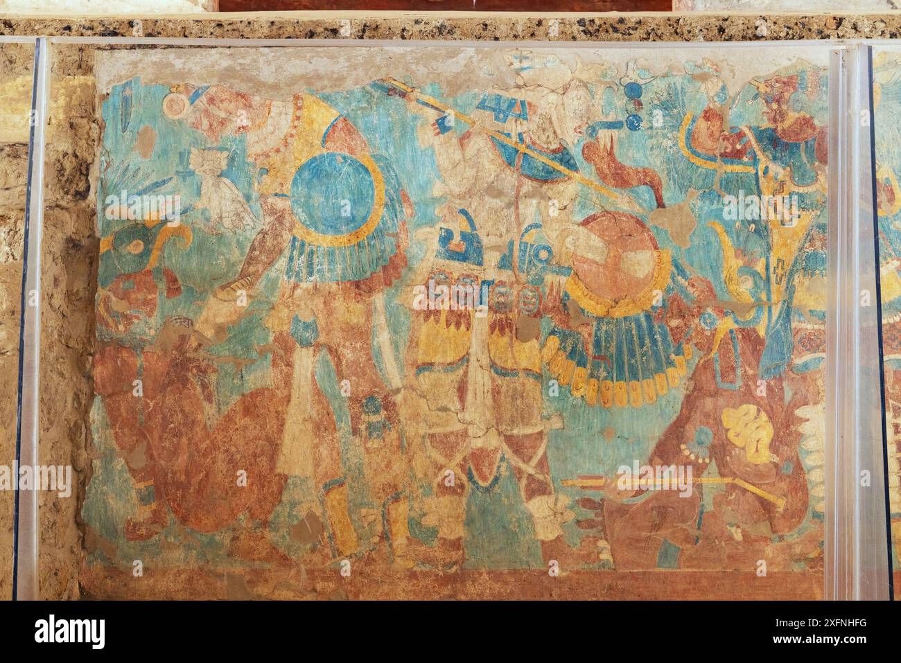 Maya murals, Cacaxtla, Mexico. Colorful mesoamerican battle mural dating from 650-900AD, Pre hispanic Mexico, likely maya in origin,  Mayan art. Stock Photo