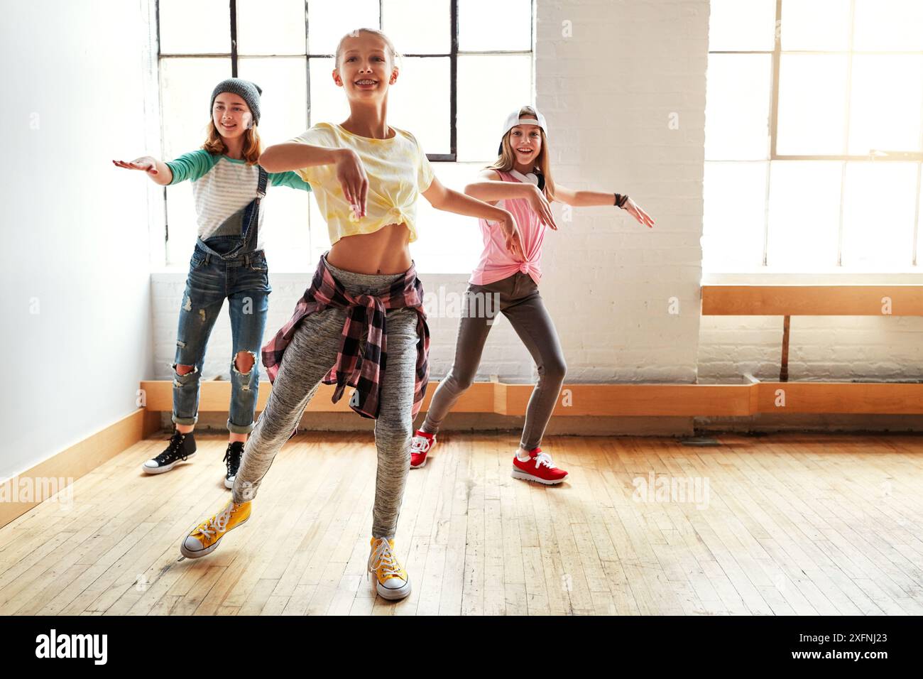Dance, girl group and children with routine, studio and rhythm for ...