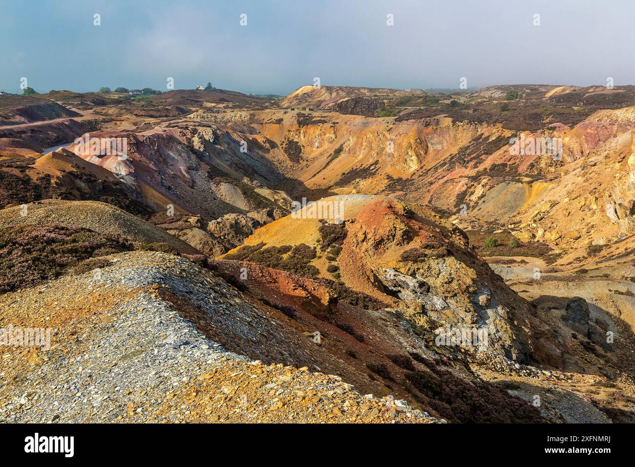 Parys Mountain disused copper ore mine showing view of the Great Opencast area in morning light. Near Amlwch north west, Anglesey North Wales, UK, September. Stock Photo