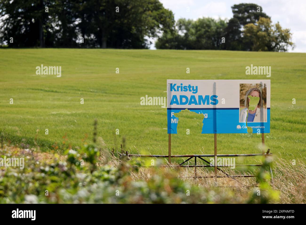 4th July 2024. Ansty, Mid Sussex, UK. Pictured is a Conservative MP Kristy Adams general election sign on Bolney Road vandalised and broken on the day of the 2024 General Election. Credit: Sam Stephenson/Alamy Live News Stock Photo