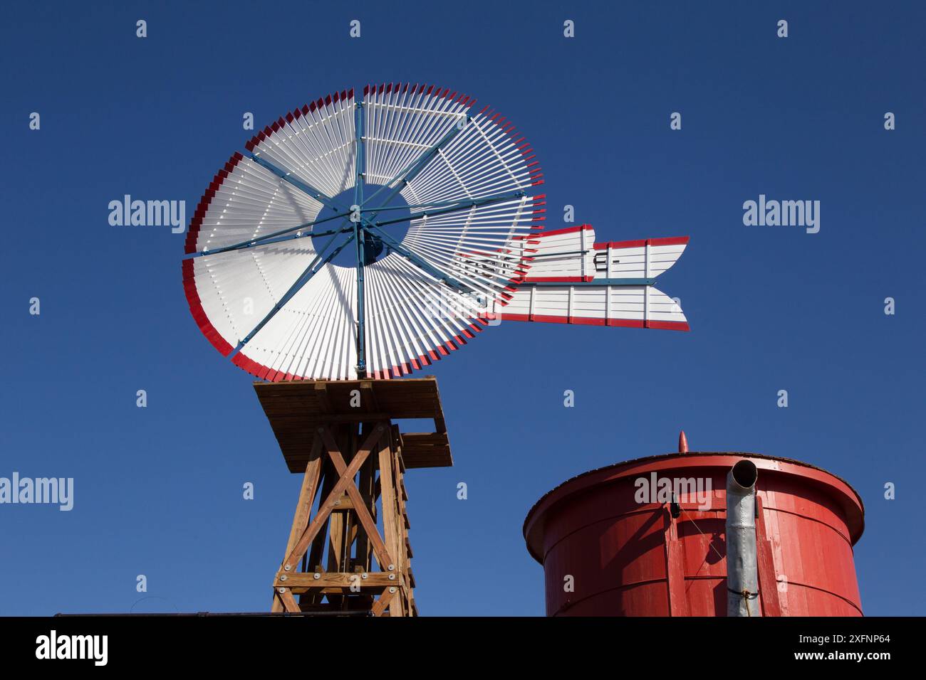 Halladay windmil and railroad water tank at restored railroad station, Colorado Welcome Center, Lamar, CO. Stock Photo