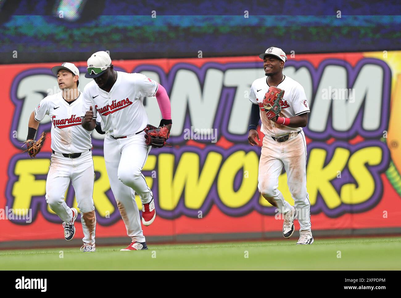 Cleveland Guardians (L-R) Steven Kwan (38), Noel Jhonkensy (43) and ...