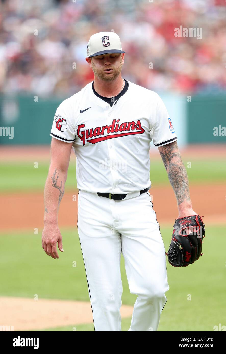 Cleveland Guardians Ben Lively (39) takes a breath after pitching in