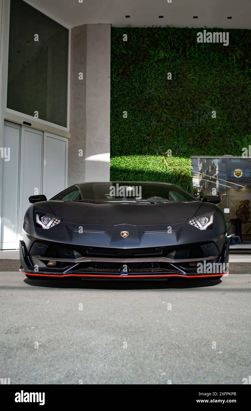 Satin Black Lamborghini Aventador SVJ front view - High Resolution Supercar Image Stock Photo