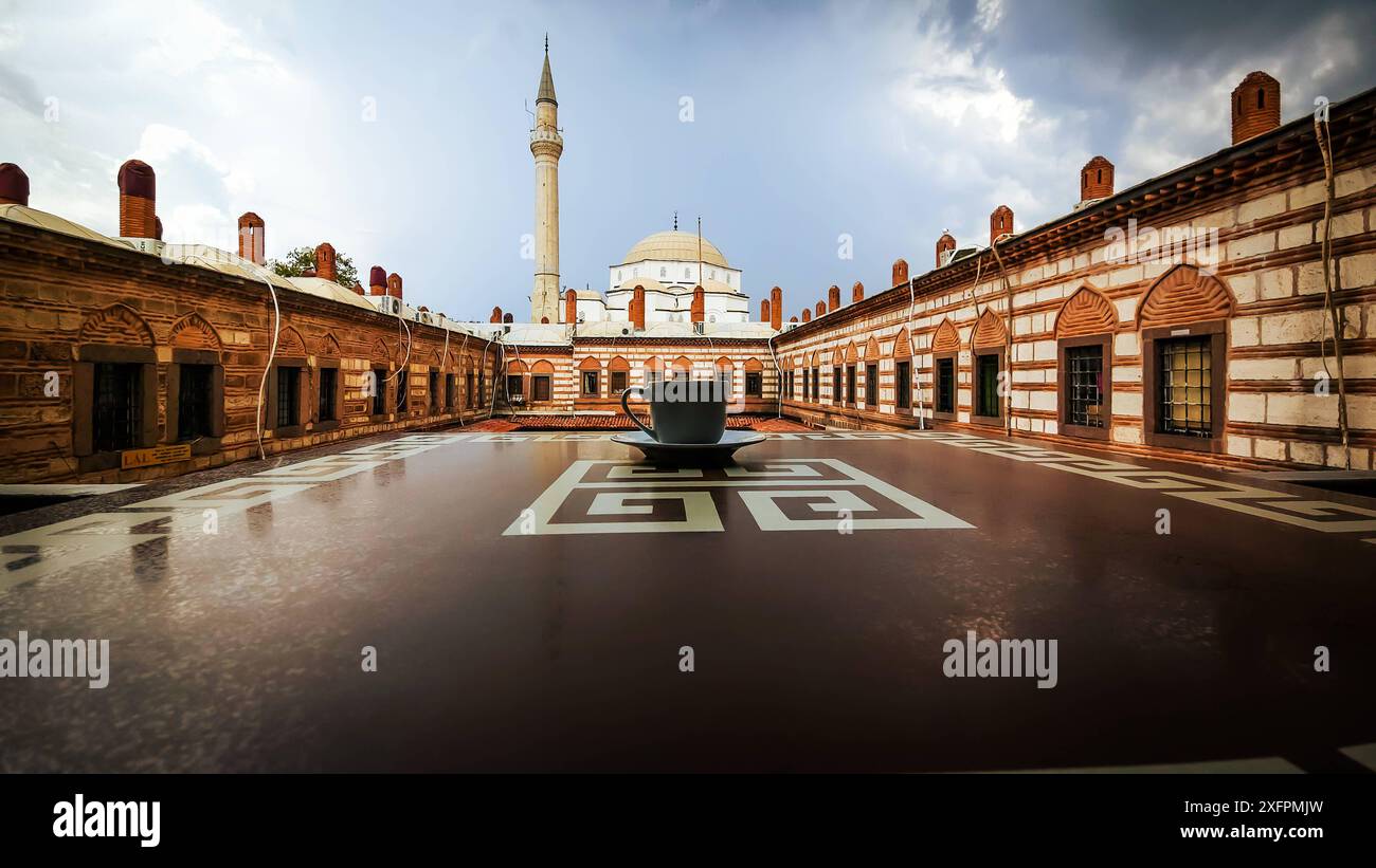 View of a historical Hisar mosque View of a historical Hisar mosque from the second floor of KÄzlaragasÄ Inn, which reflects Turkish and Ottoman culture, that is a strong touristic area of Izmir. Izmir Konak Turkey Turkey Copyright: xIdilxToffolox 20240704 154336 Stock Photo