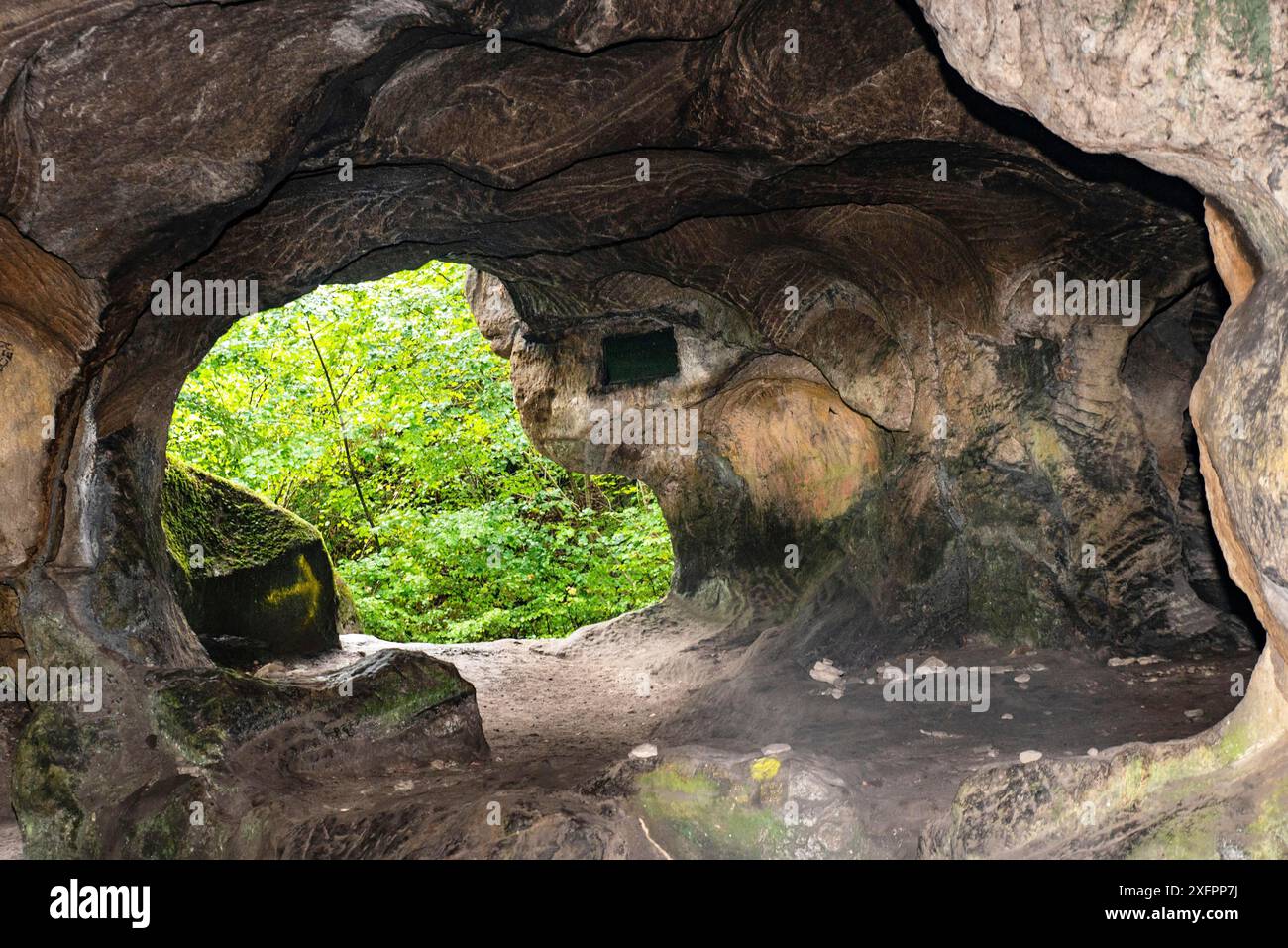 Huel Lee or Hohllay on the Mullerthal trail in Luxembourg, open cave with view to the forest, sandstone rock formation Stock Photo
