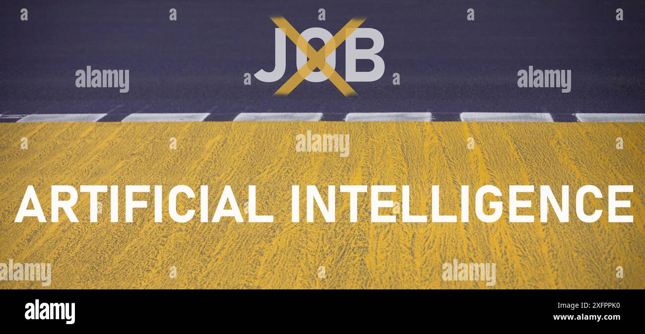 Road with the word job crossed, AI technology in competition with human resource, manpower against cyborg machine, replacement of worker Stock Photo