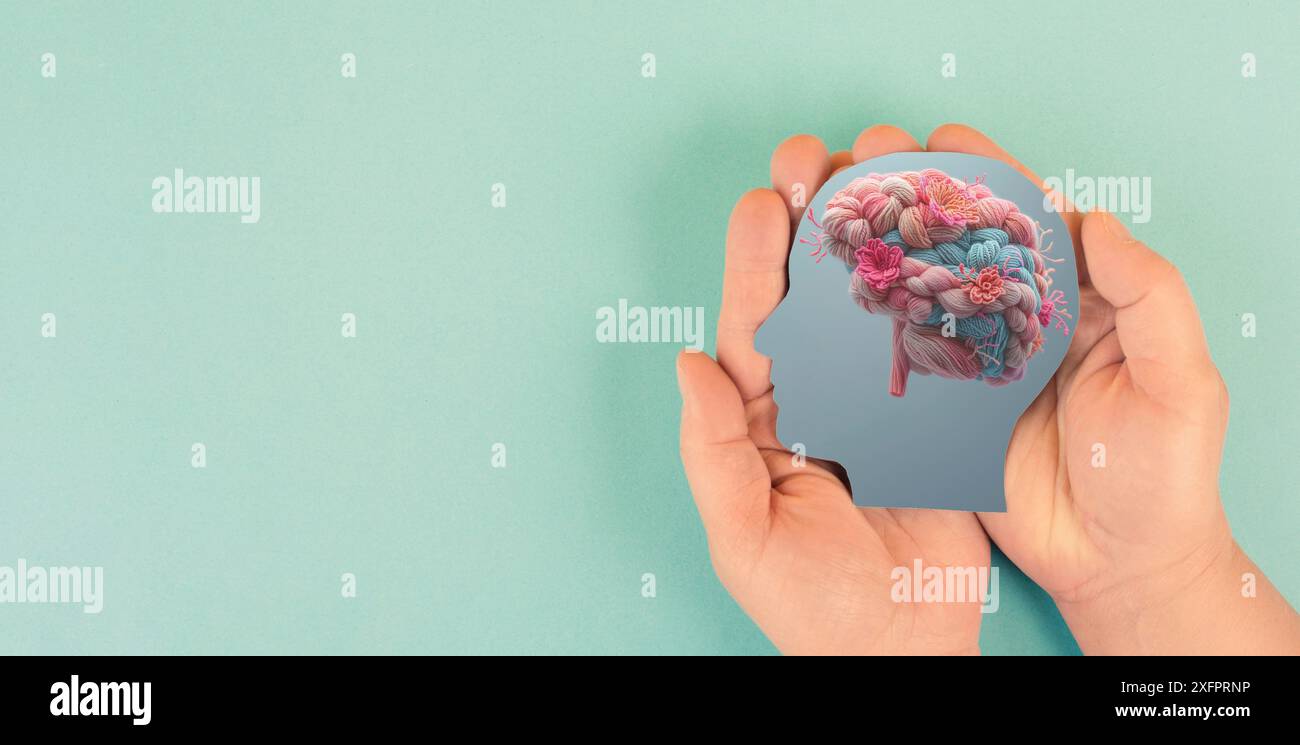 Human brain with flowers, self care and mental health concept, positive ...