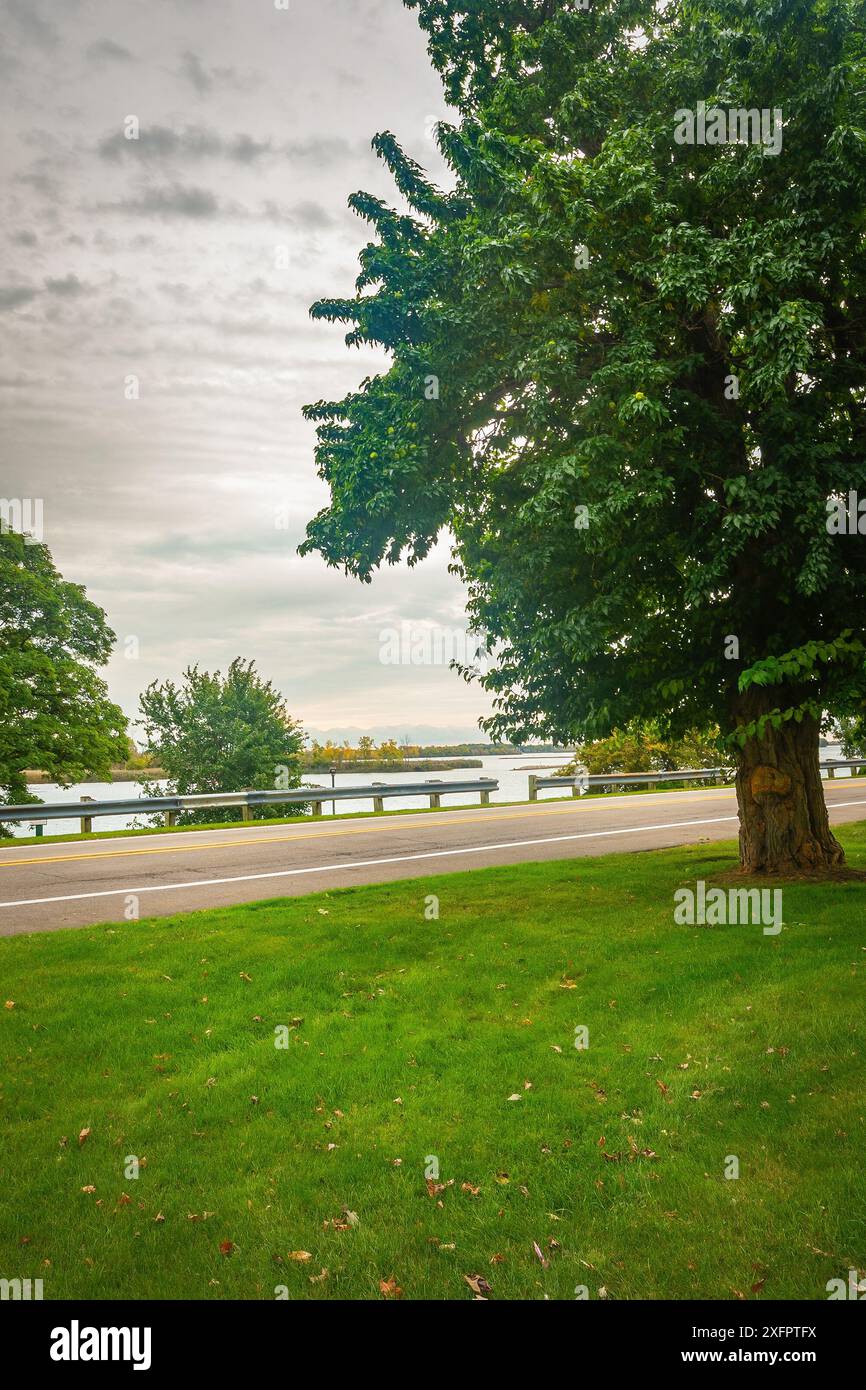 Scenic view of island in Detroit River south greenery Stock Photo